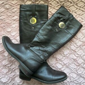 Tommy Hilfiger “Twivane” Dark Brown Riding Boots, Gold Brand Metal Logo, Size 8